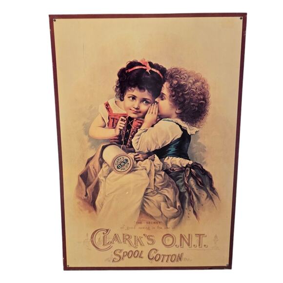 Clark's Spool Cotton Litho Advertising Victorian Children Vintage Tin Metal Sign - Picture 2 of 9